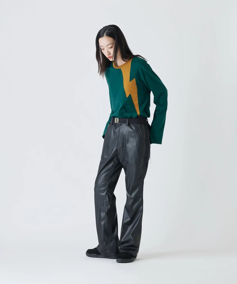 【75%OFF】Faux leather side line flared slim trouser - BLACK