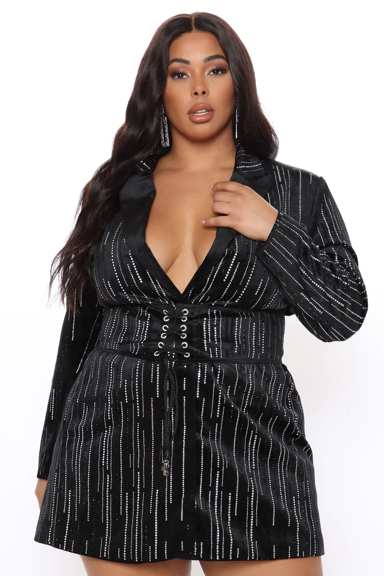Aliana Belted Rhinestone Blazer Dress - Black