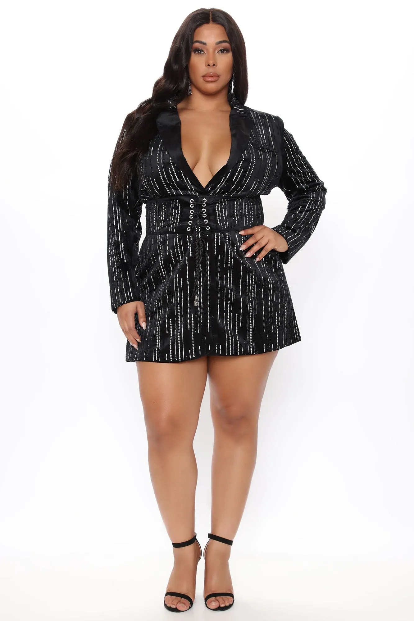 Aliana Belted Rhinestone Blazer Dress - Black