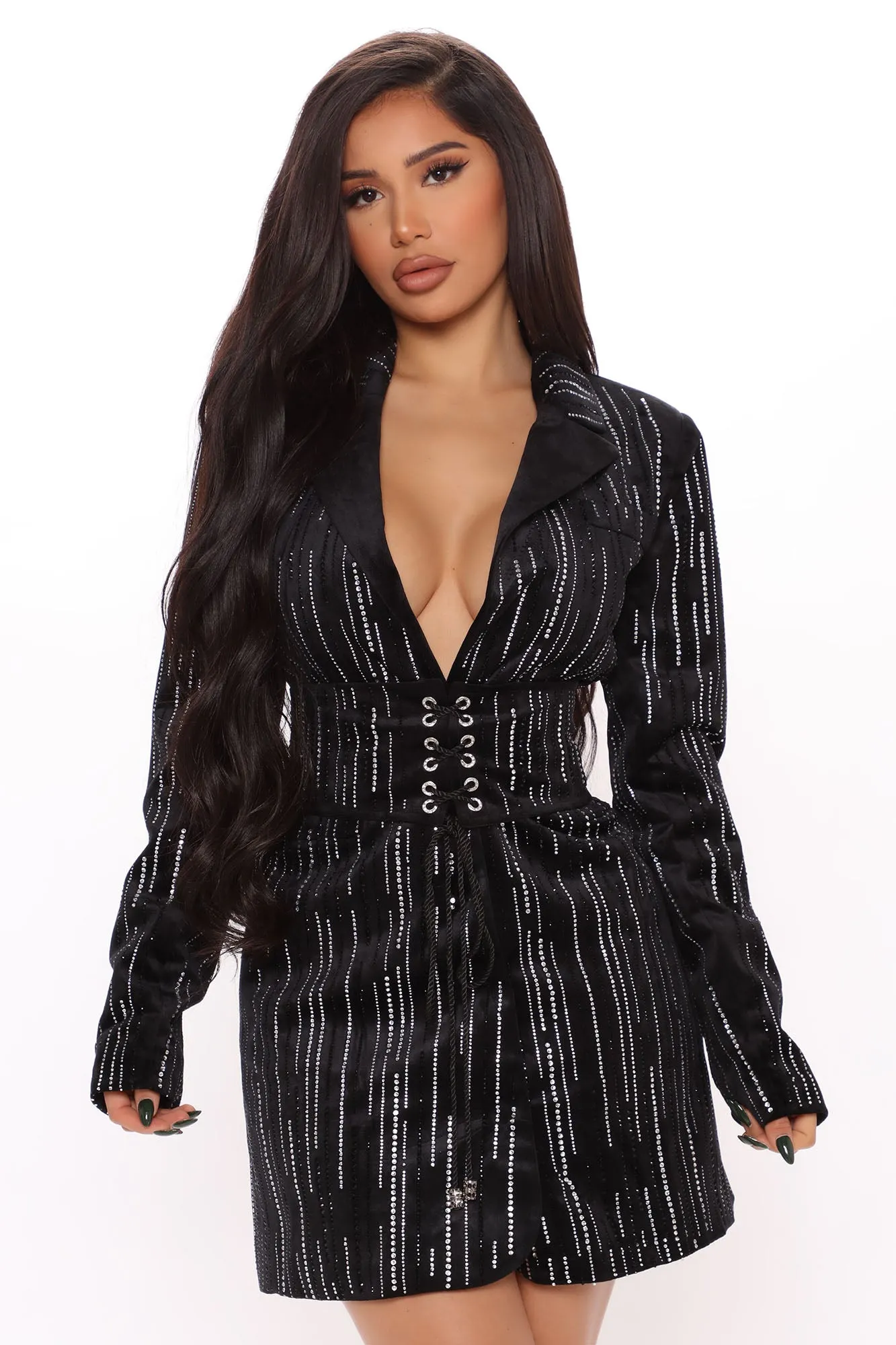 Aliana Belted Rhinestone Blazer Dress - Black