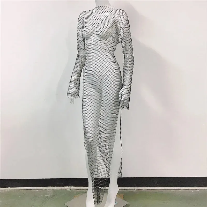 Black Diamond Mesh Long Dress Women Sexy See Through Split Slim Maxi Dress Summer Long Sleeve Night Evening Party Dresses