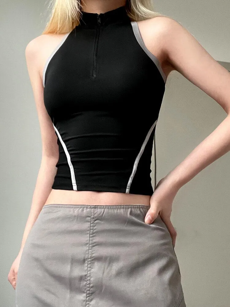 Black Stripe Stand Collar Short Top