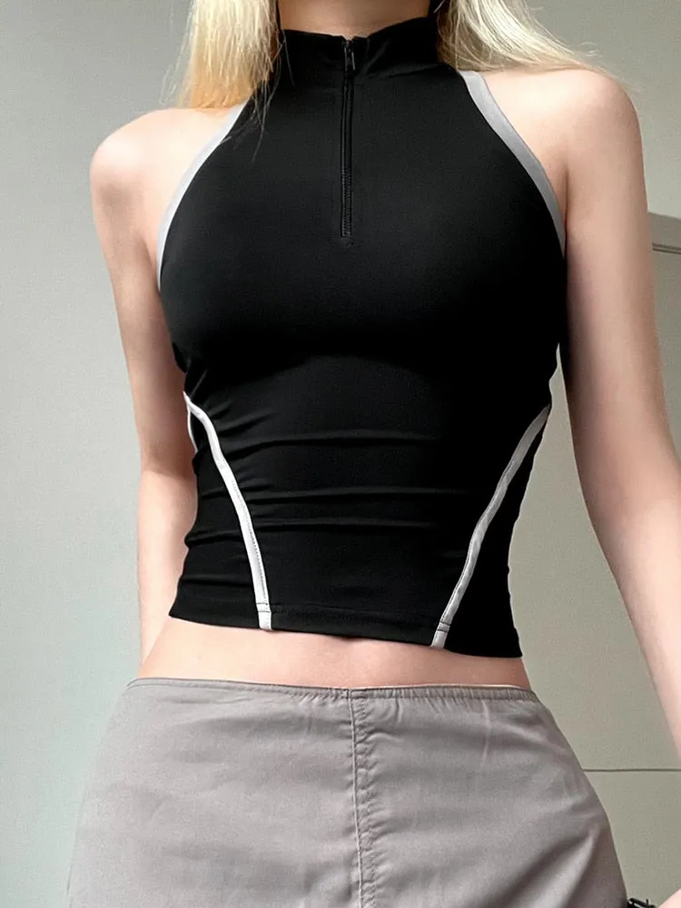 Black Stripe Stand Collar Short Top