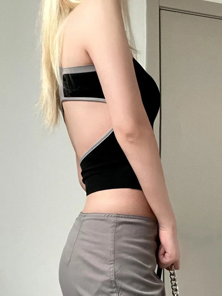 Black Stripe Stand Collar Short Top