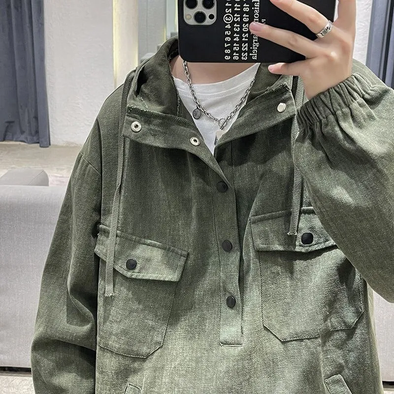 Bonsir Autumn Cotton Pullover Jacket Men's Fashion Casual Pocket Tooling Jackets Mens Streetwear Loose Hip-hop Bomber Jacket Men M-5XL