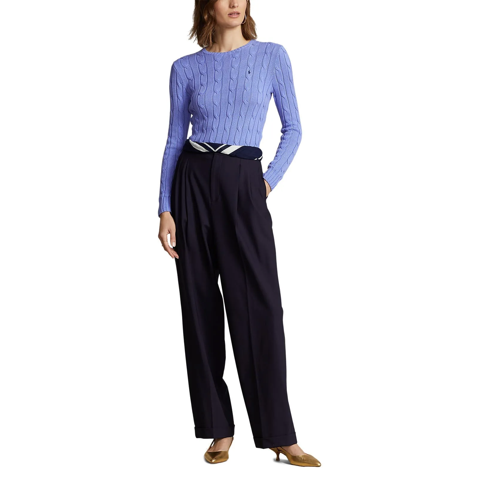 Cable-Knit Cotton Crewneck Sweater - Blue