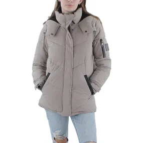DKNY Jeans Womens Faux Leather Trim Heavy Puffer Jacket