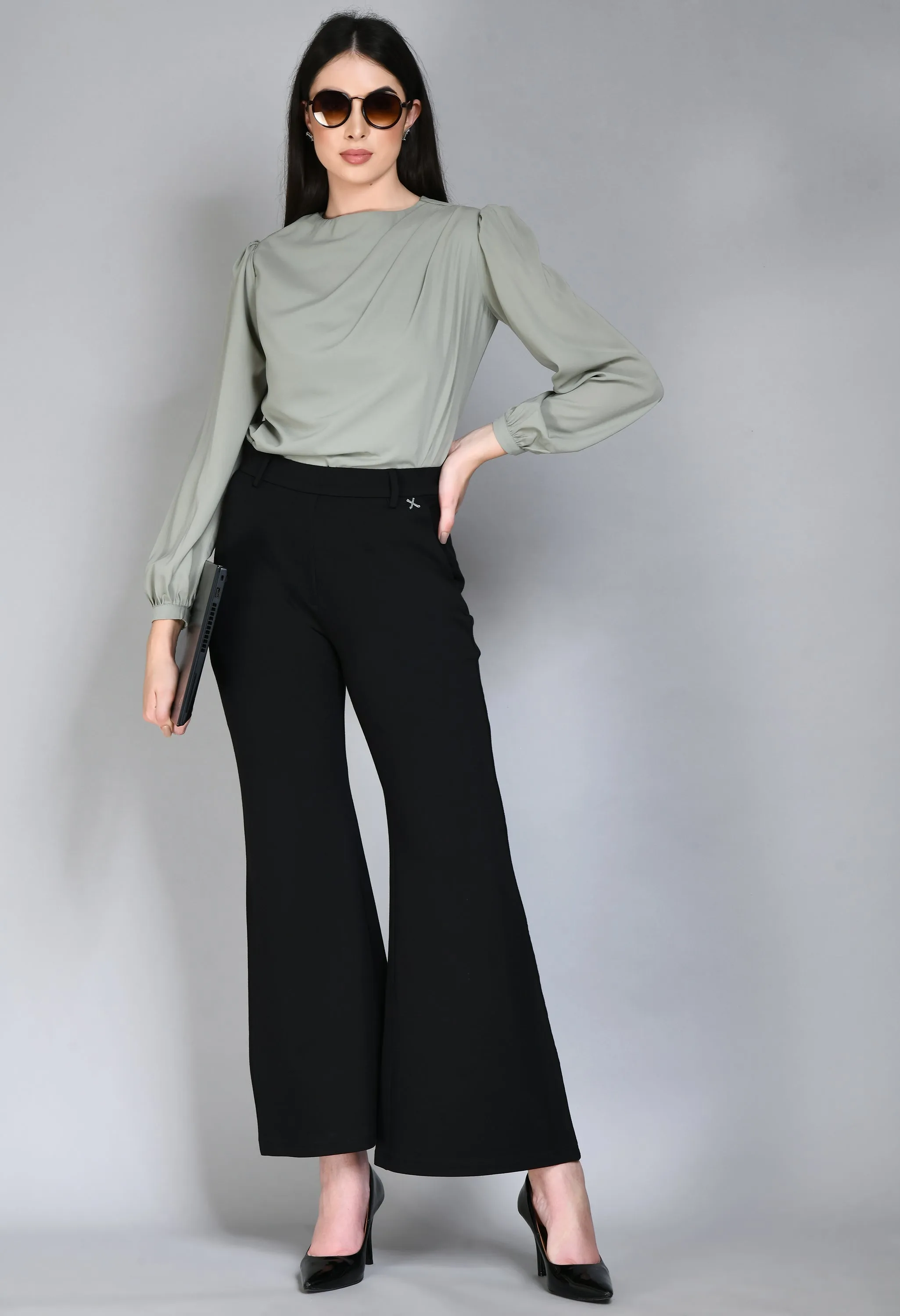 Exude Accomplishment Solid 4 Way Stretch Bootcut Trousers (Black)