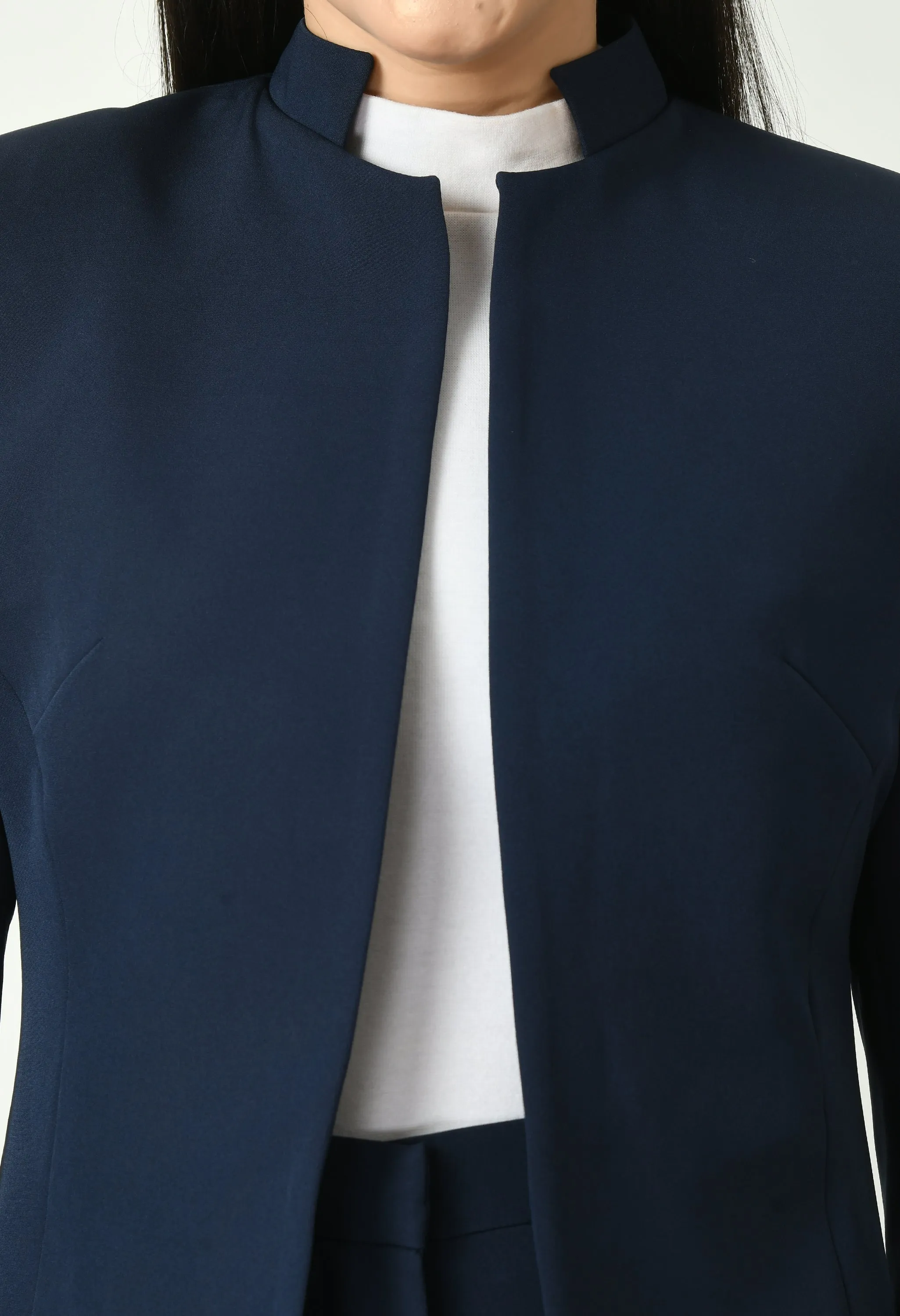 Exude Mastery Solid Long Blazer with Bootcut Trousers (Navy)