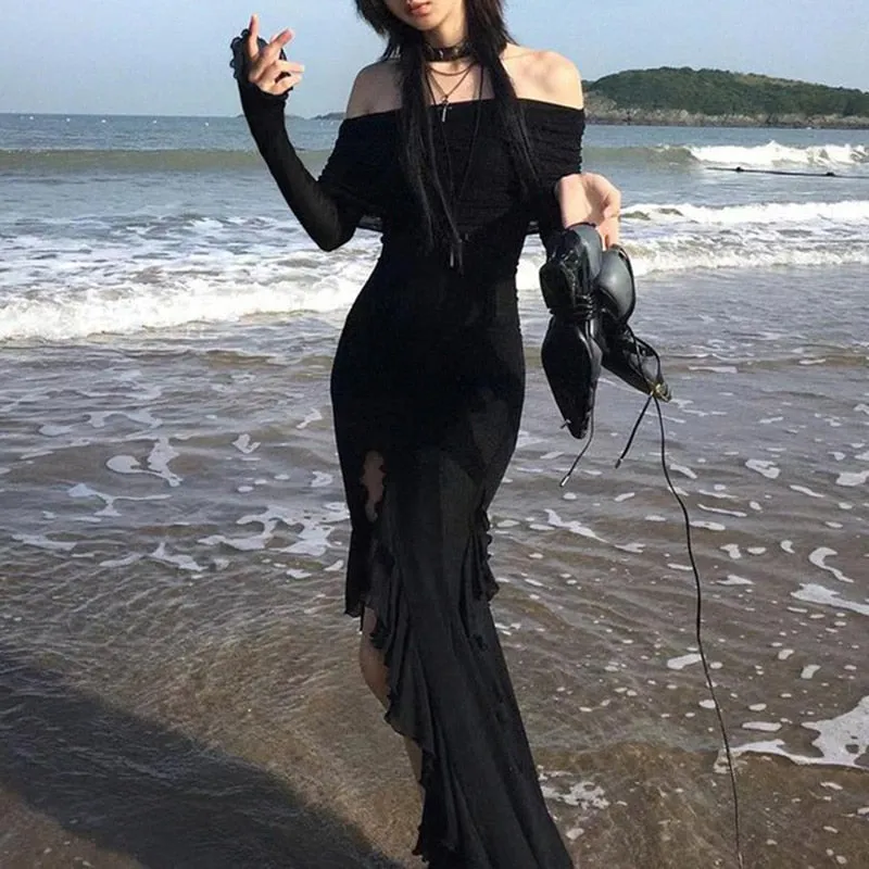 Gothic Black Side Split Maxi Dress