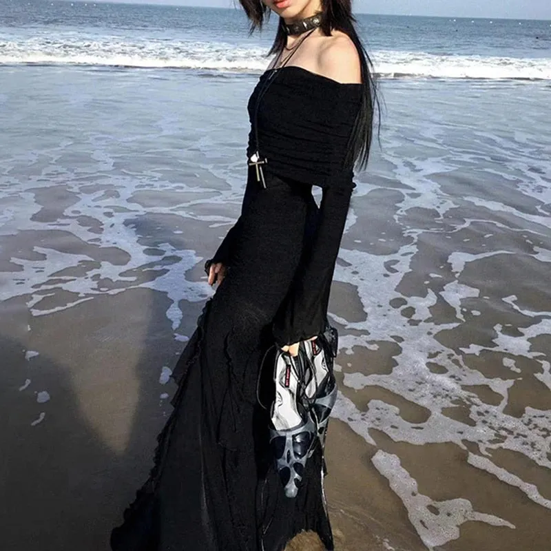 Gothic Black Side Split Maxi Dress