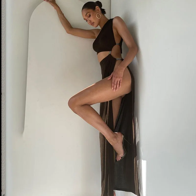 Graduation Gifts  Sexy Asymmetric CutOut One Shoulder High Split Long Maxi Dresses for Women 2022 Fashion Party Vacation Outfits C66DG43