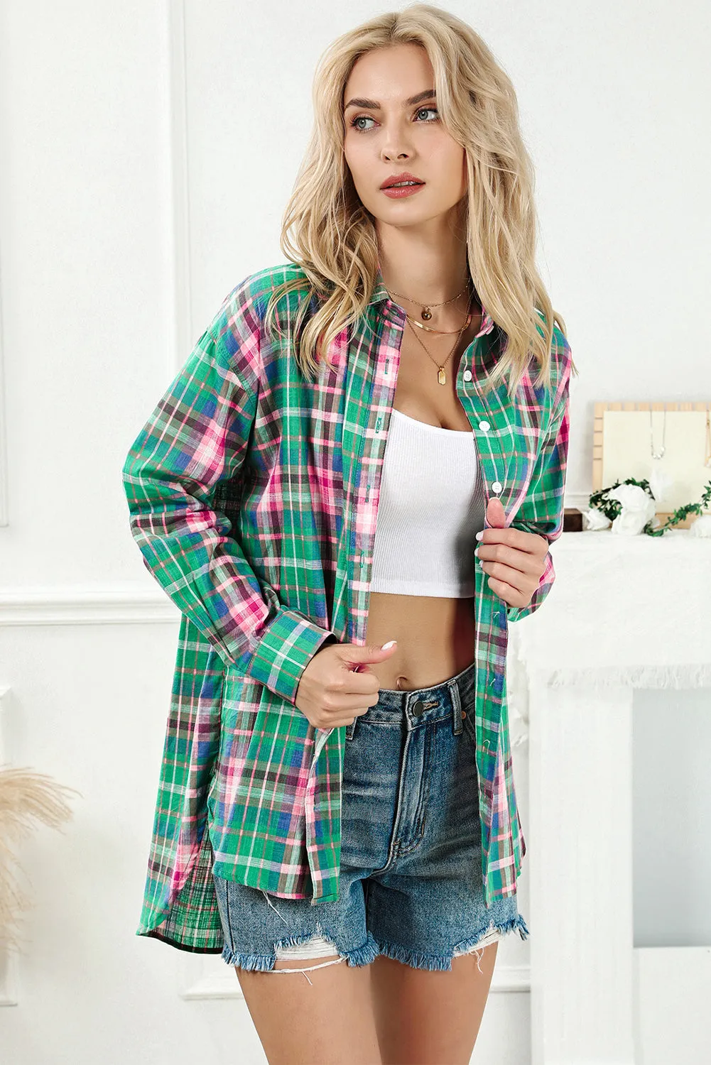 Green Plaid Long Sleeve Button Down Split Shirt
