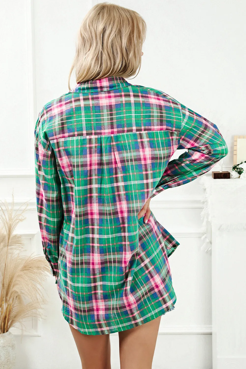 Green Plaid Long Sleeve Button Down Split Shirt