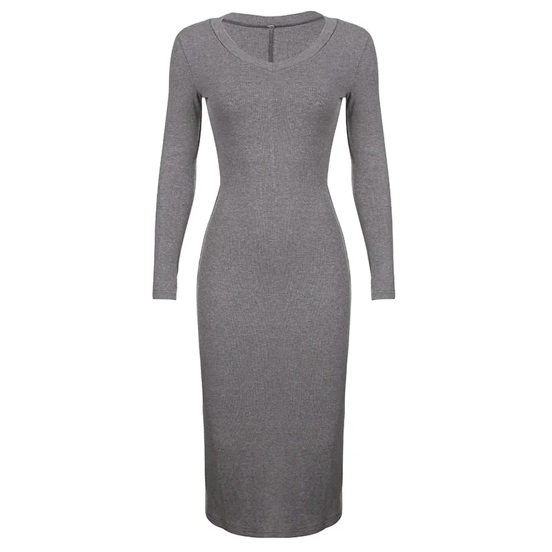 Grey V-Neck Long-Sleeve Slim Split Dress