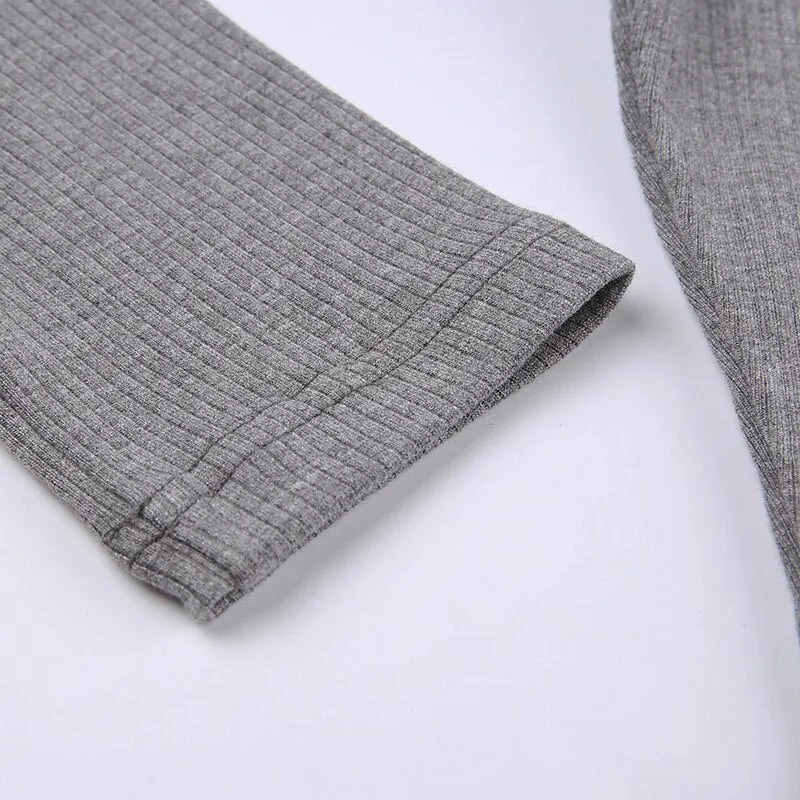Grey V-Neck Long-Sleeve Slim Split Dress
