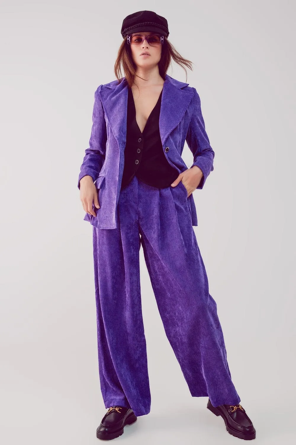 High Rise Straight Leg Pants In Purple Cord