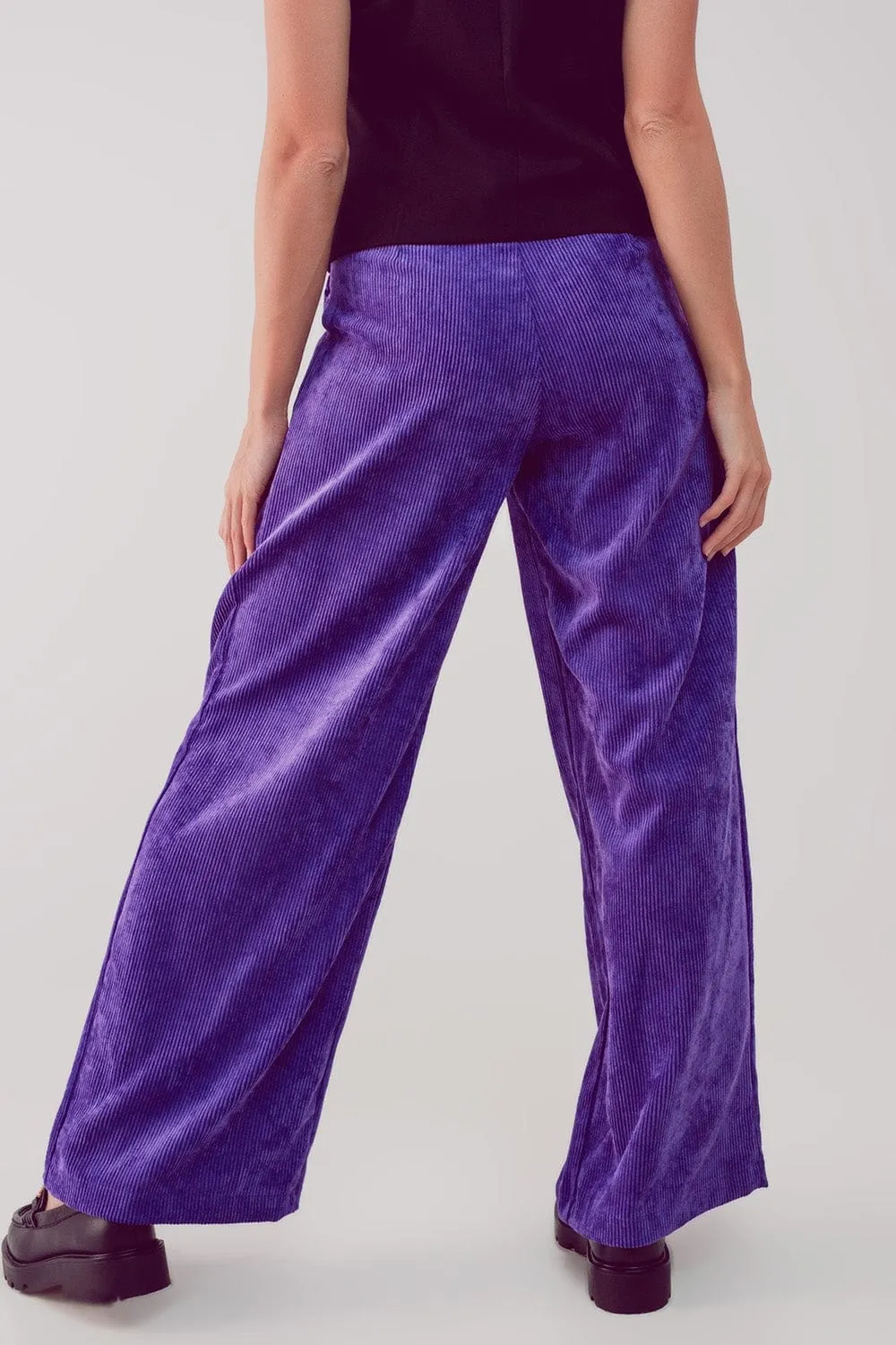 High Rise Straight Leg Pants In Purple Cord