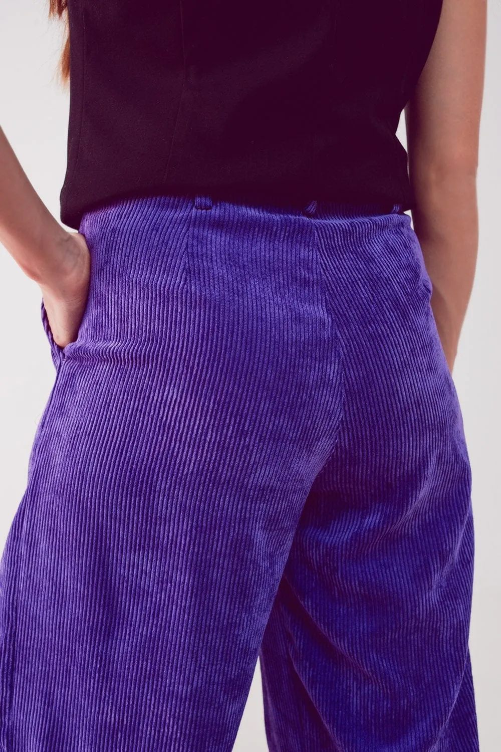 High Rise Straight Leg Pants In Purple Cord