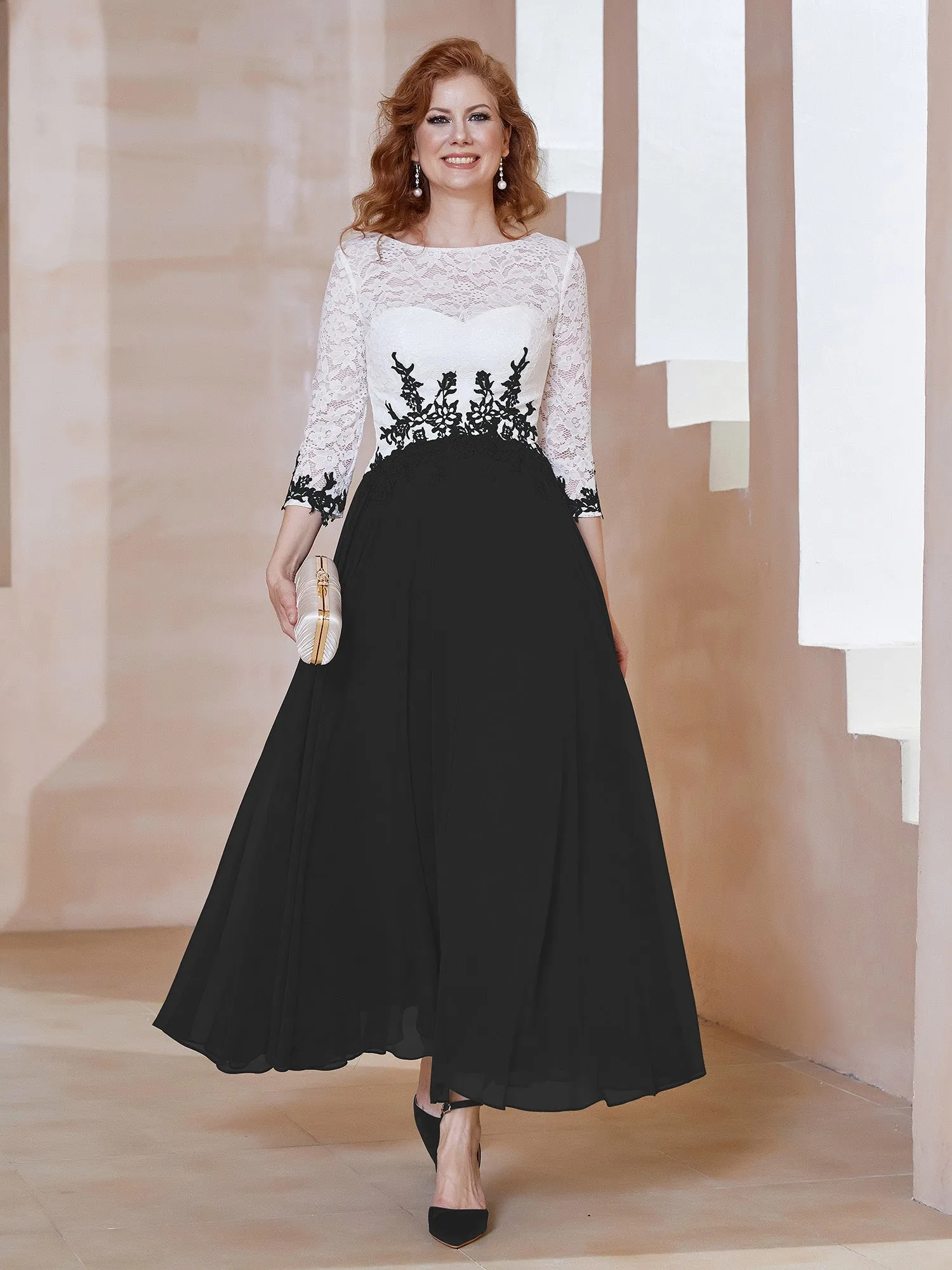 Illusion Neckline Applique Long Sleeves Dress Black