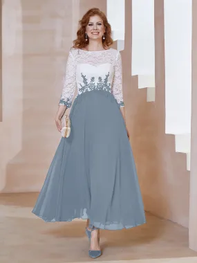 Illusion Neckline Applique Long Sleeves Dress Dusty Blue