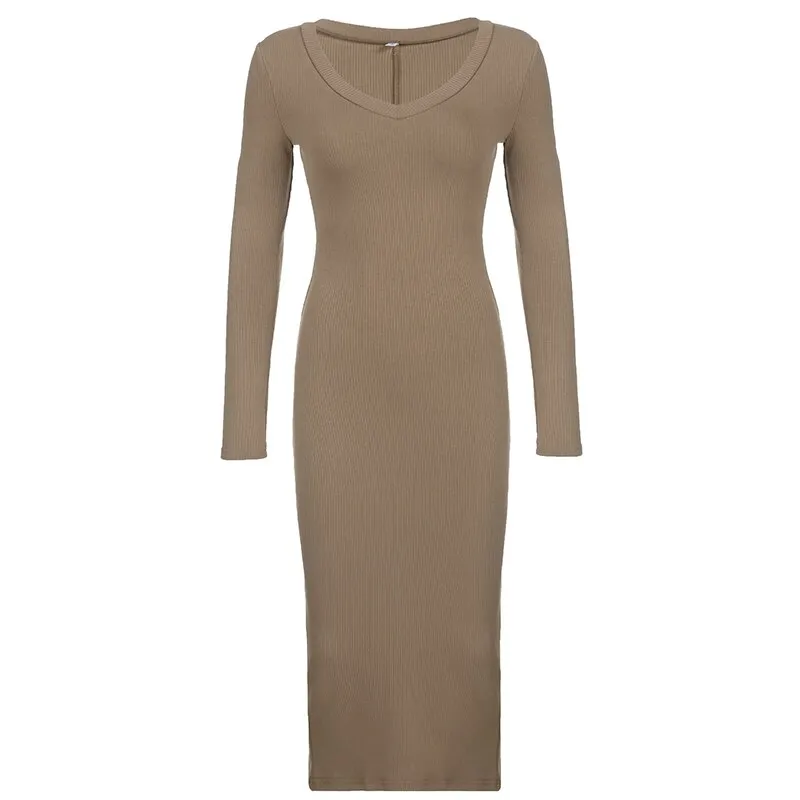Khaki V-Neck Long-Sleeve Split Maxi Dress