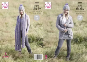 King Cole Super Chunky Knitting Pattern - Ladies Cardigan Scarf & Hat (5555)