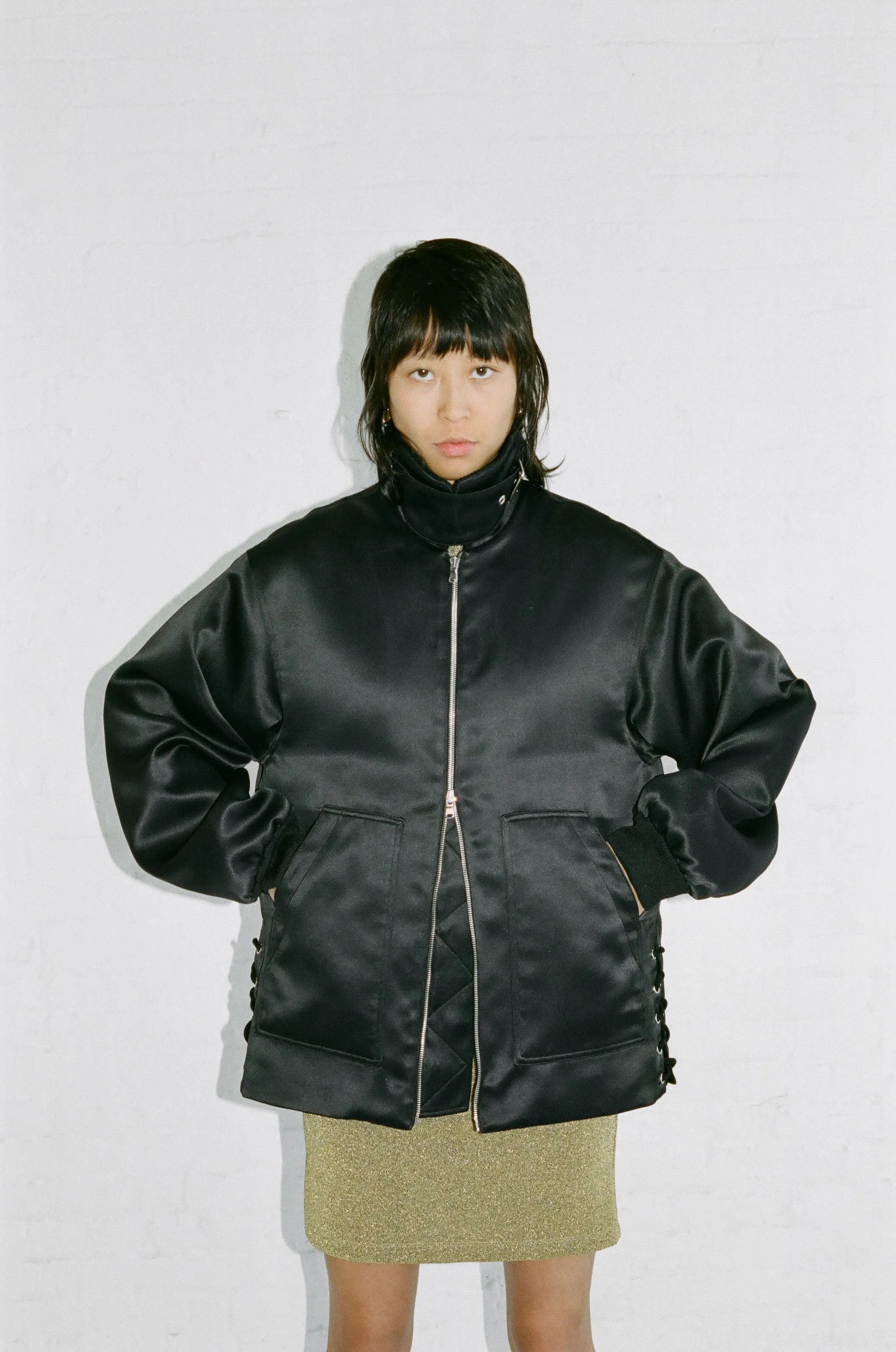 LACED AVIATOR JACKET - BLACK SATIN
