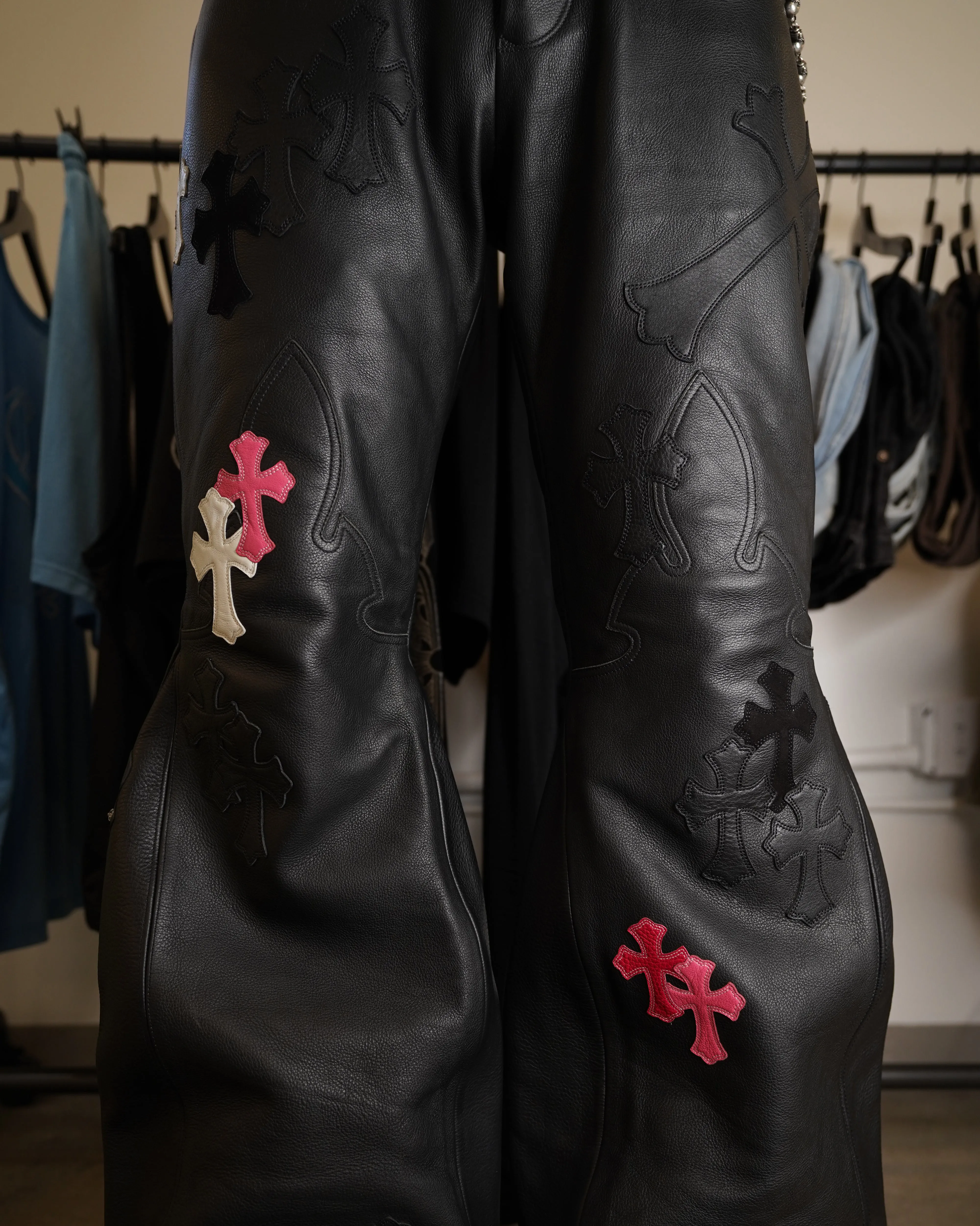 Leather Cross Patch Flared Pants "Final Boss"