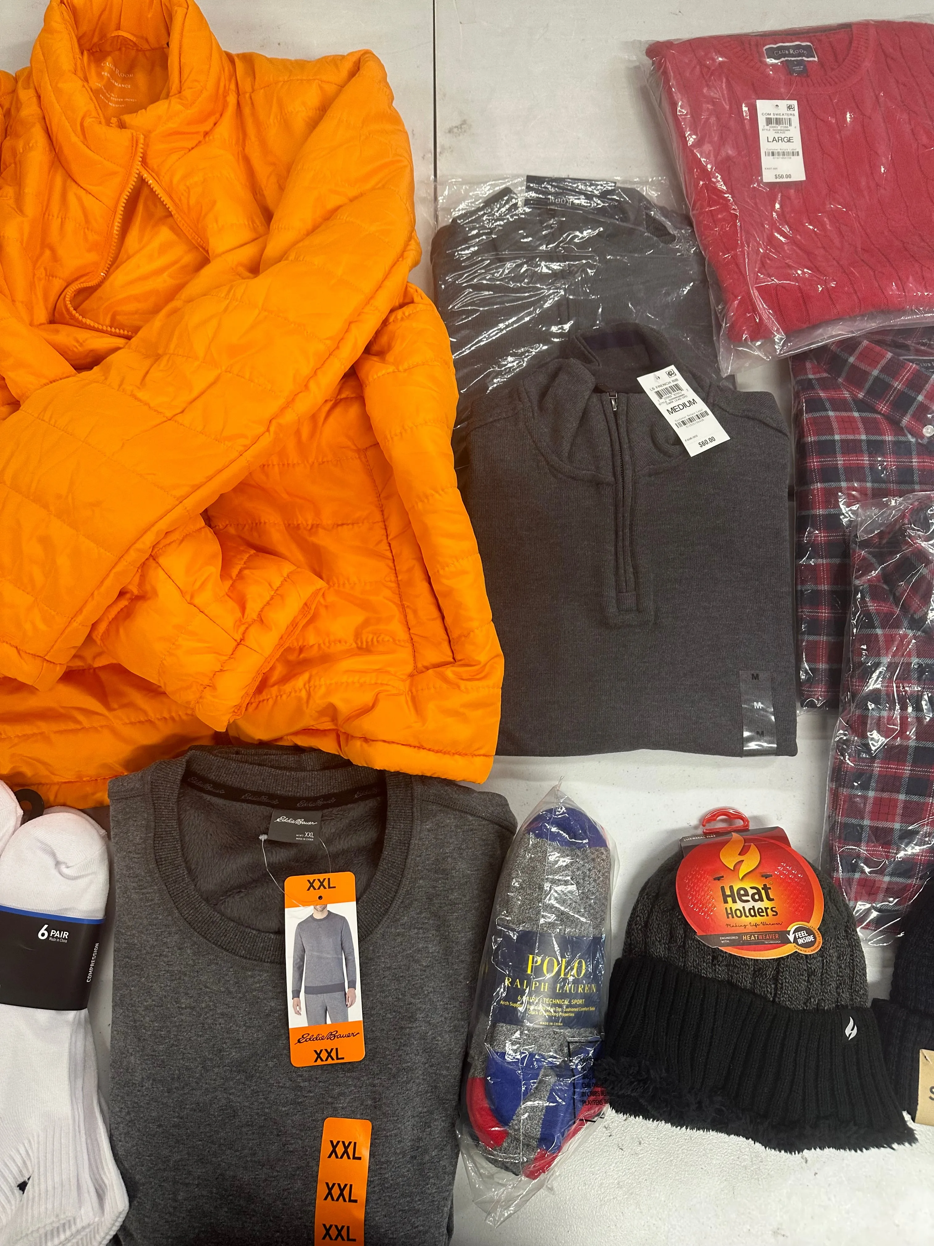Men's Clothing Assorted Wholesale Lot, LEVI'S, POLO RALPH LAUREN, ADIDAS, EDDIE BAUER, HEAT HOLDERS and more, 11 items, Shelf Pulls, MSRP $511