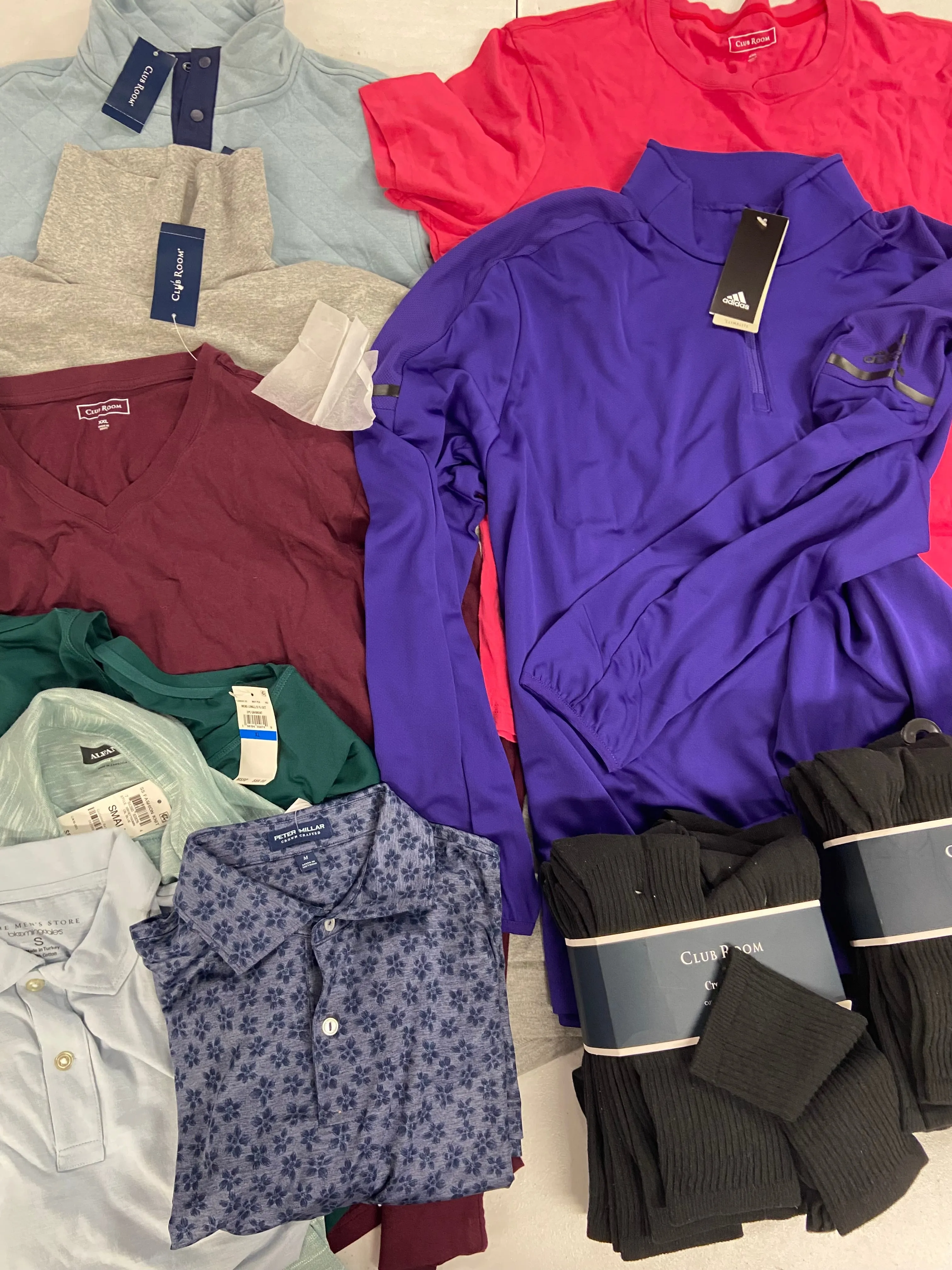 Men's Clothing Tops & Other Wholesale Lot, ADIDAS, PETER MILLAR, KOMAR LAYERING and more, 11 items, Shelf Pulls, MSRP $567