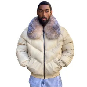 Men's V Bomber Jacket – Cream Color with Crystal Fox Fur