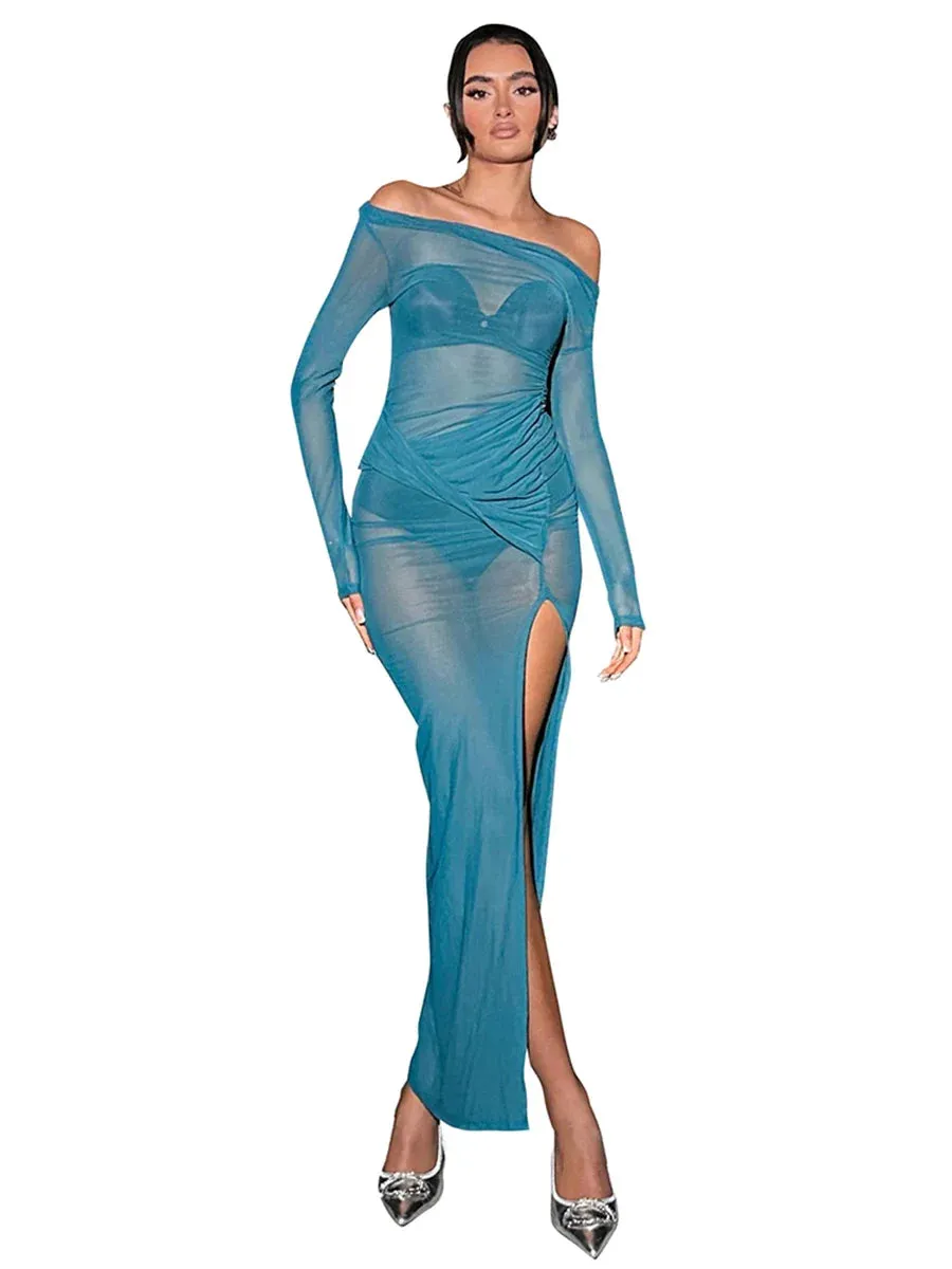 Off Shoulder Mesh See Through High Slit Pullover Long Sleeve Summer Beach Maxi Dress Women Clothes