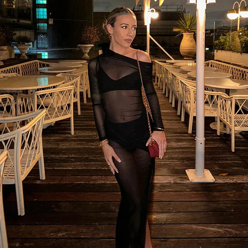 Off Shoulder Mesh See Through High Slit Pullover Long Sleeve Summer Beach Maxi Dress Women Clothes