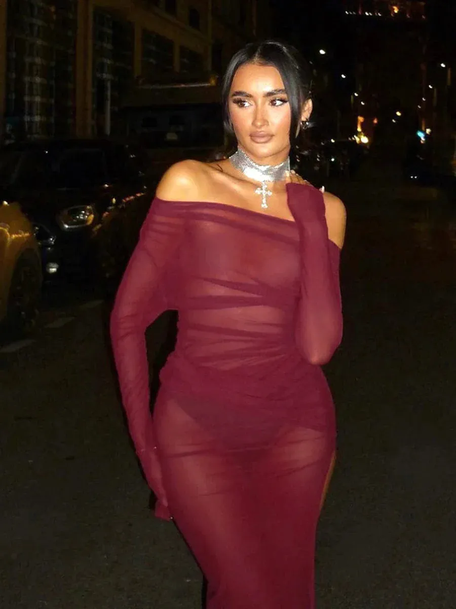 Off Shoulder Mesh See Through High Slit Pullover Long Sleeve Summer Beach Maxi Dress Women Clothes