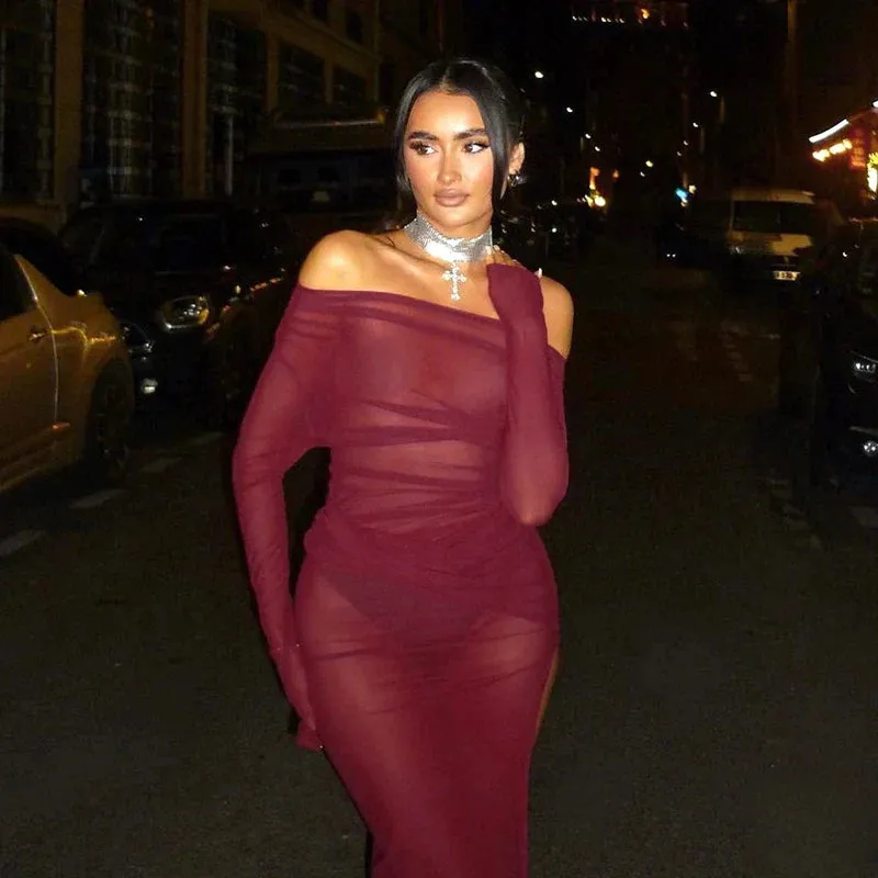 Off Shoulder Mesh See Through High Slit Pullover Long Sleeve Summer Beach Maxi Dress Women Clothes