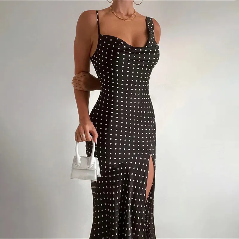 Polka Dots Split Draped Backless Maxi Dress
