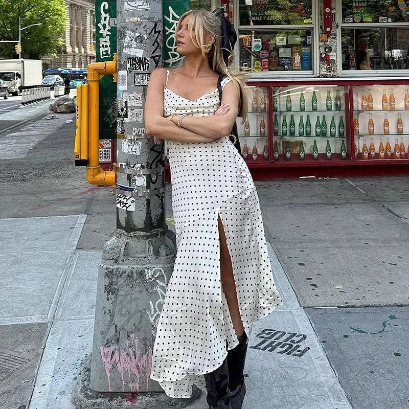 Polka Dots Split Draped Backless Maxi Dress
