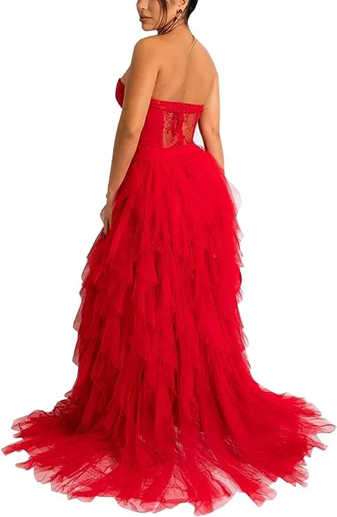 Sexy Red Lace & Tulle Maxi Dress