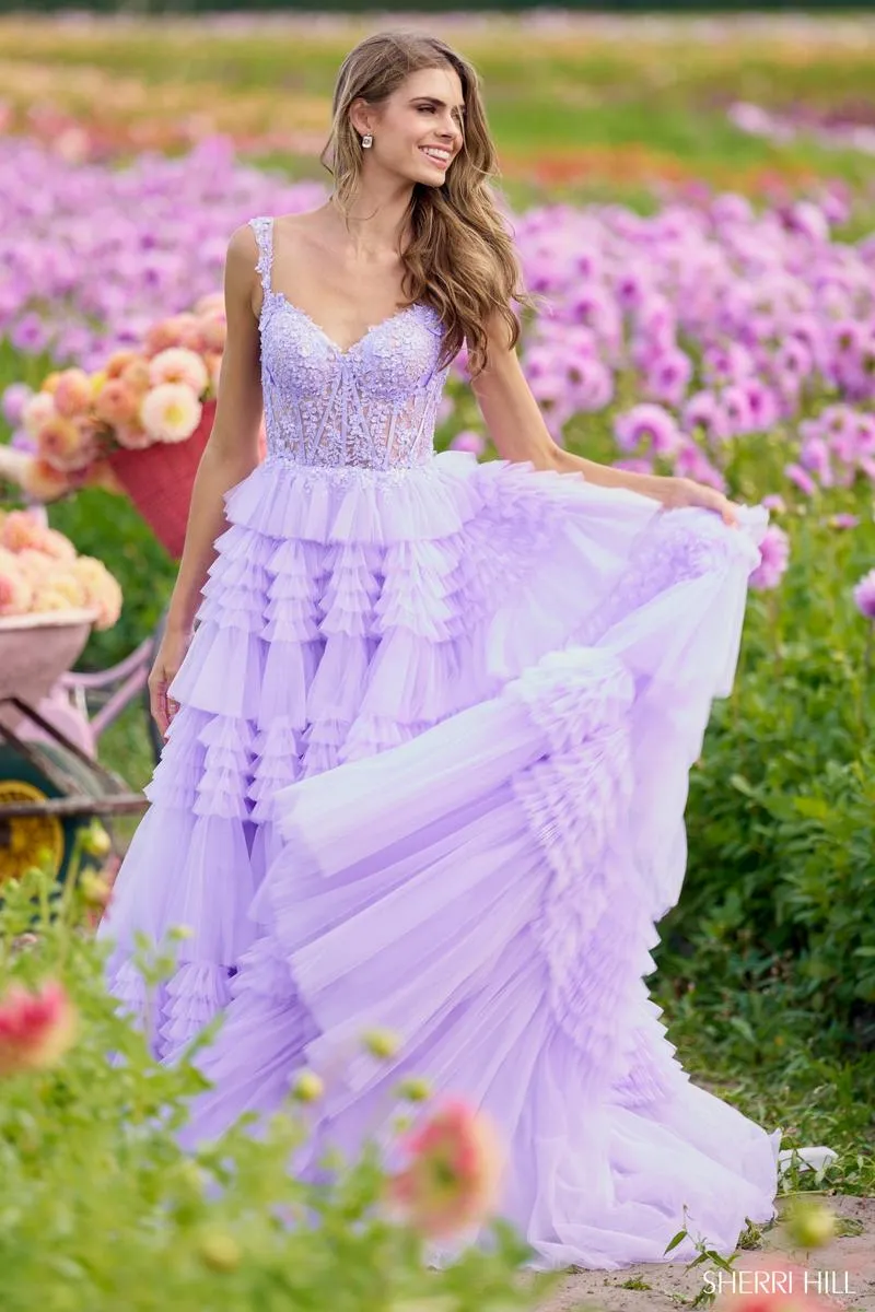 Sherri Hill Tulle Ruffle Ball Gown Prom Dress 56019