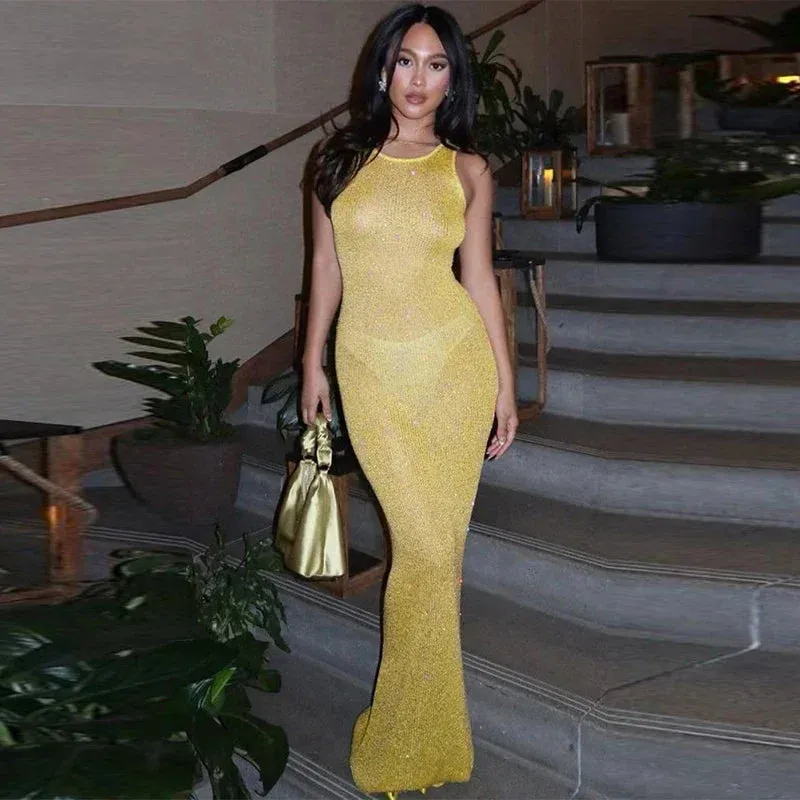 Solid Sequin U-neck Sleeveless Maxi Dress - 2024 Spring Summer Collection