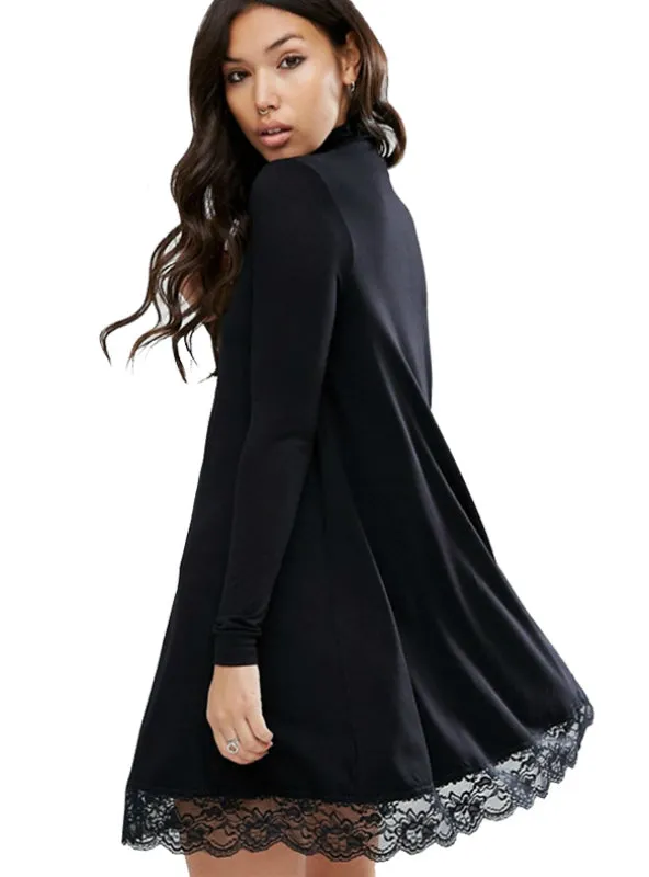 TastyHottie - Long Sleeve Tunic Winter Dress Crochet Turtleneck Black Lace Dress