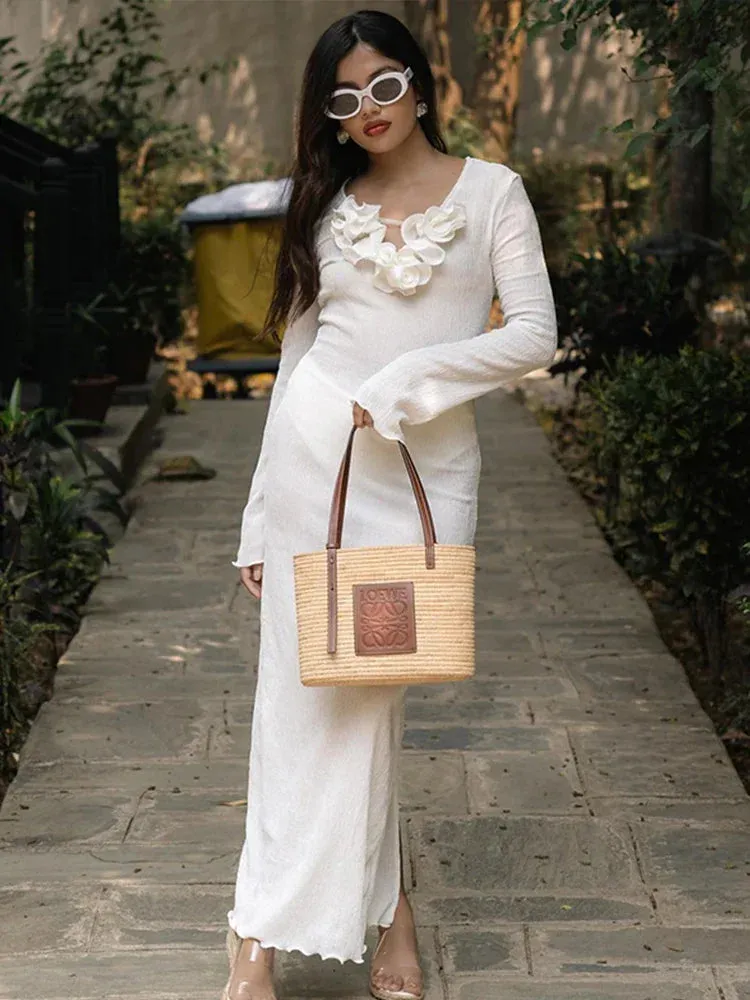 White Flower V-neck Ruffles Split Maxi Dress