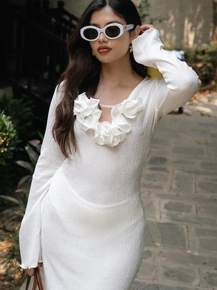 White Flower V-neck Ruffles Split Maxi Dress