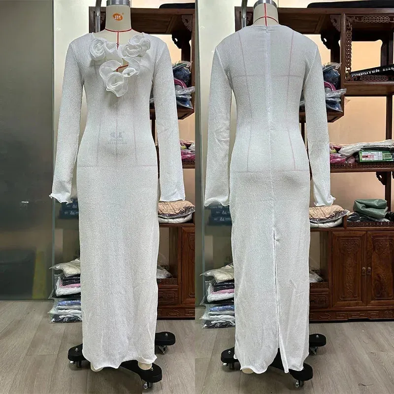 White Flower V-neck Ruffles Split Maxi Dress