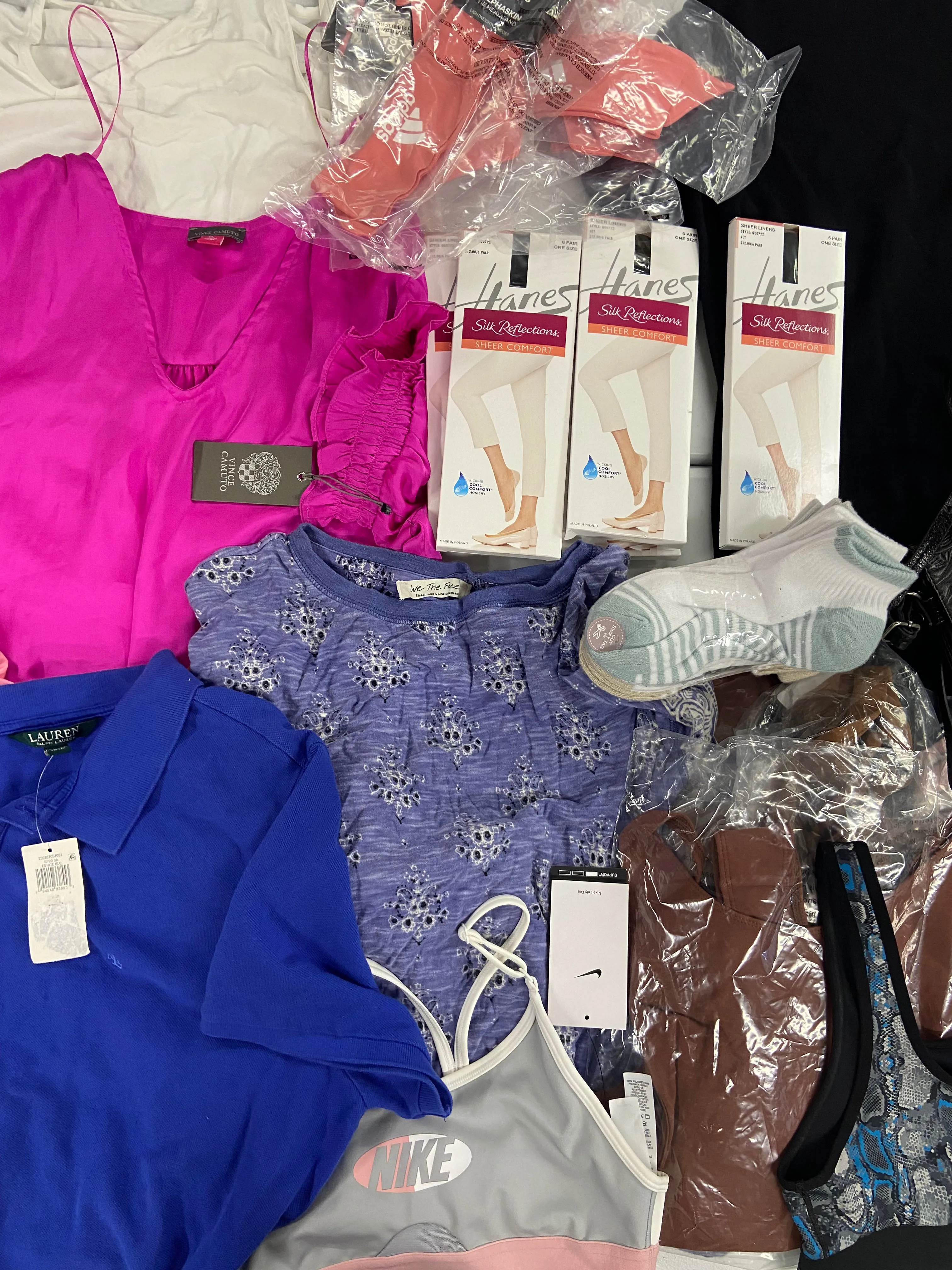 Women's Clothing & Accessories Wholesale Lot, THE SAK, NIKE, ADIDAS, POLO RALPH LAUREN, COR, NINE WEST, FREE PEOPLE, HANES and more, 27 items, Shelf Pulls, MSRP $887