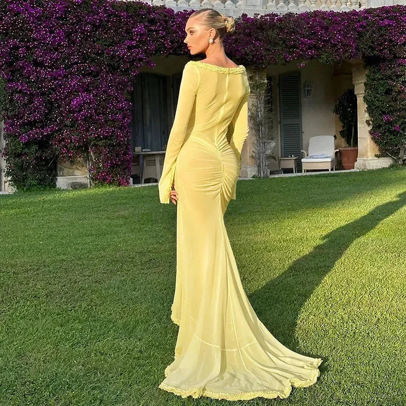 Yellow Sheer Beach Dress Women Fashion Long Sleeve Slim Maxi Evening Party Dresses Summer Sexy Hollow Out Ruffle Dress