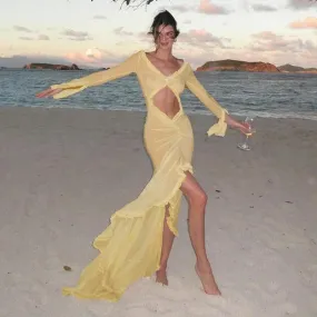 Yellow Sheer Beach Dress Women Fashion Long Sleeve Slim Maxi Evening Party Dresses Summer Sexy Hollow Out Ruffle Dress