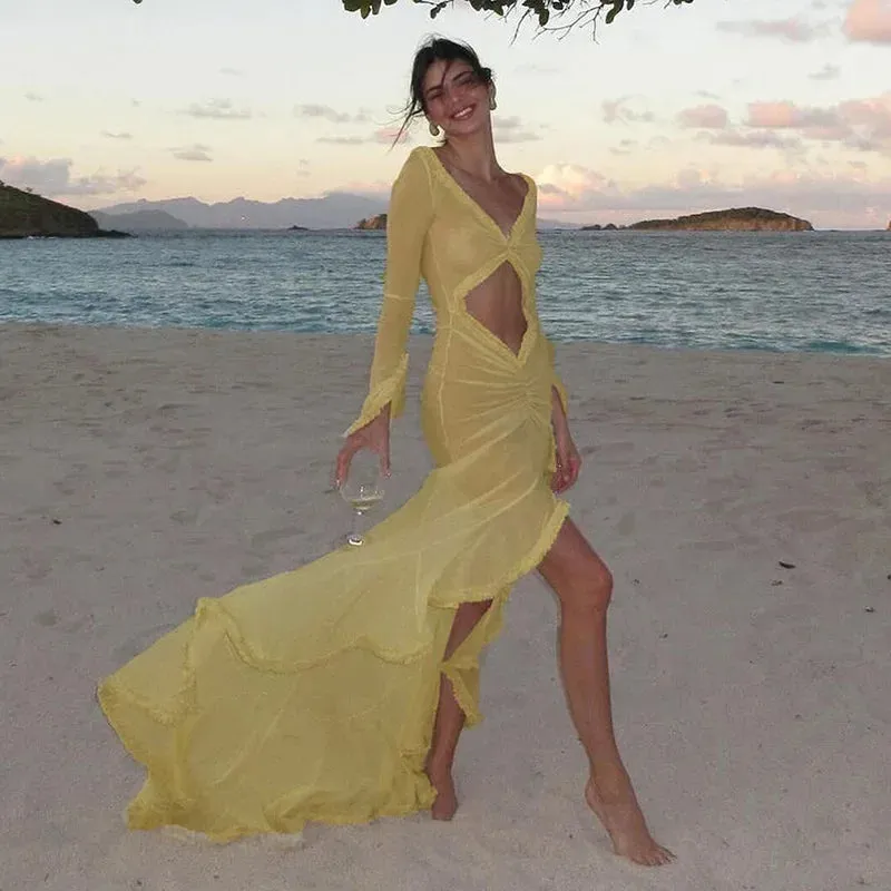 Yellow Sheer Beach Dress Women Fashion Long Sleeve Slim Maxi Evening Party Dresses Summer Sexy Hollow Out Ruffle Dress