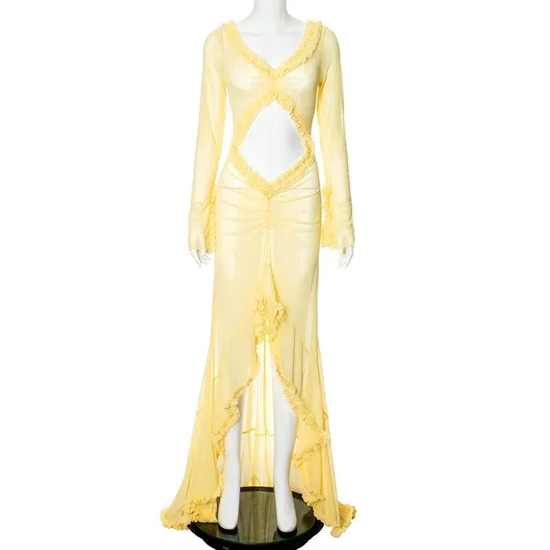 Yellow Sheer Beach Dress Women Fashion Long Sleeve Slim Maxi Evening Party Dresses Summer Sexy Hollow Out Ruffle Dress